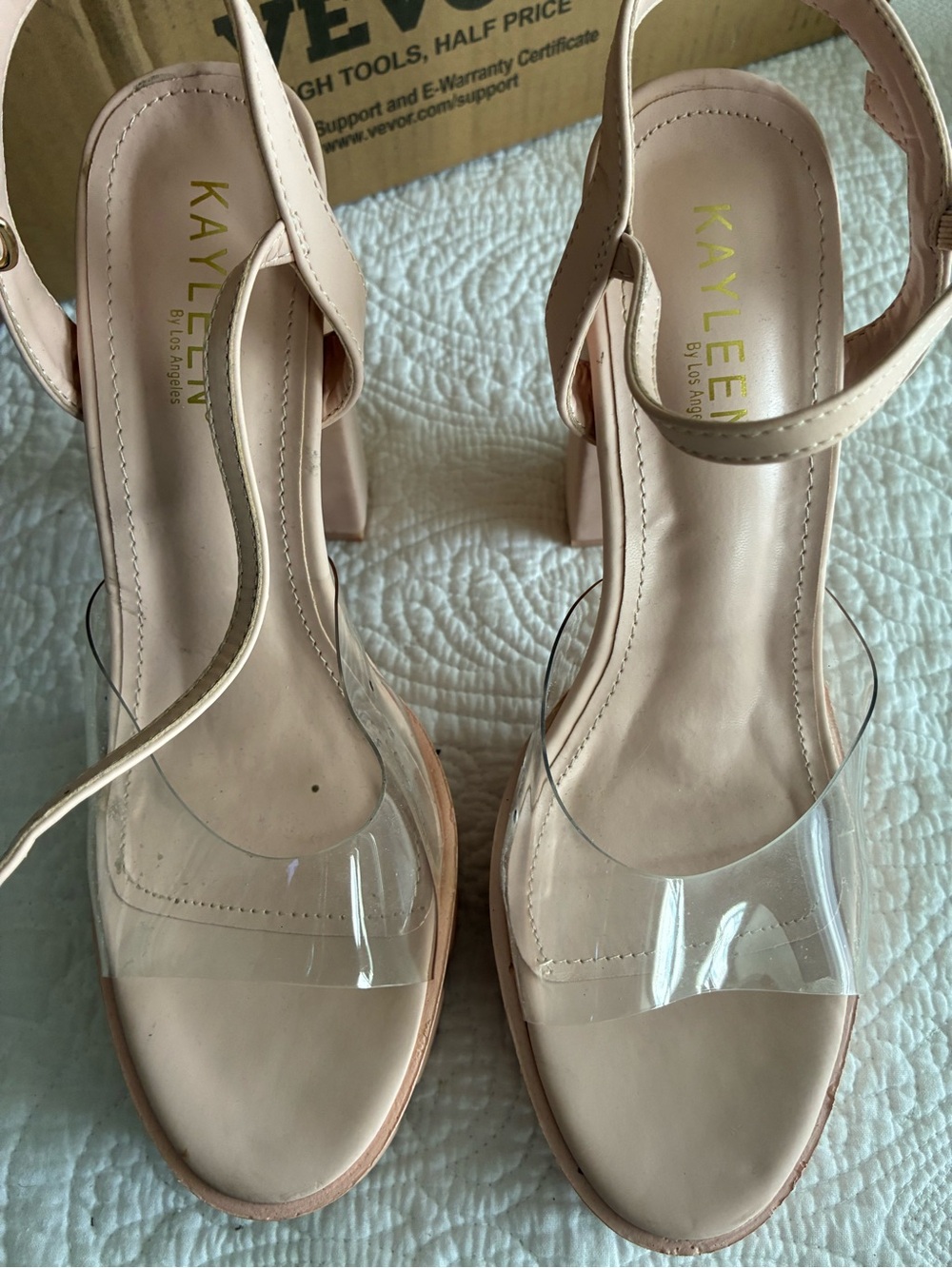 KAYLEEN By Los Angeles Blush Nude Block Heel Sandals with Clear Strap
